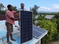 Charlie from Savvy Solar installs the solar panels Sangalai School Uluveu 2019 Charlie from Savvy Solar installs the solar panels Sangalai School Uluveu 2019