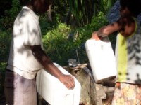 Songi and Tom soak coconut wood planks